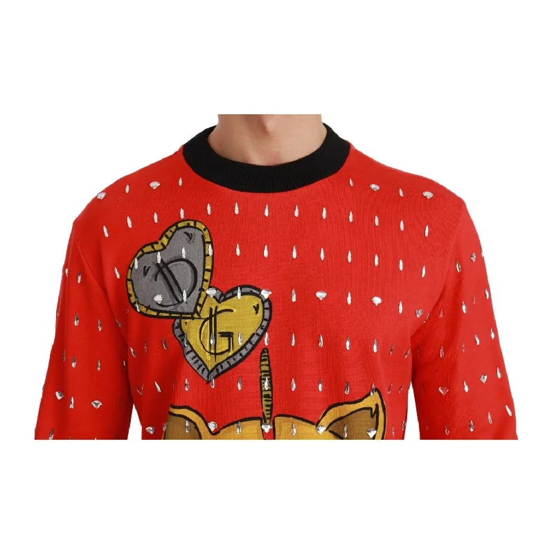 Bright Colors Dolce & Gabbana Elegant Red Crystal-Embellished Pullover Men's Sweater