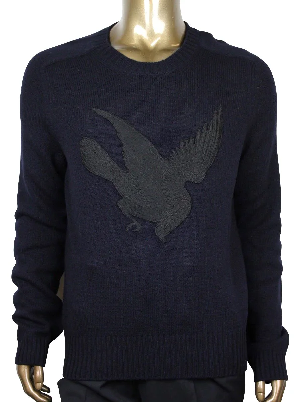 Versatile Style Gucci Men's Blue Cashmere Wool Sweater With Bird Patch