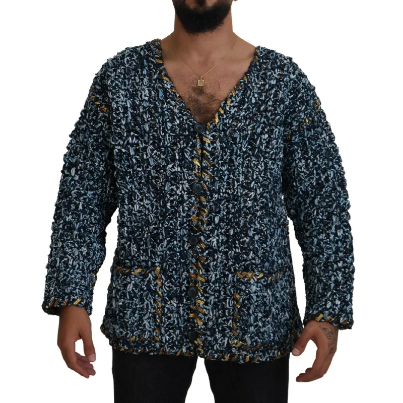 French Retro Dolce & Gabbana Elegant Blue V-Neck Cardigan Men's Sweater
